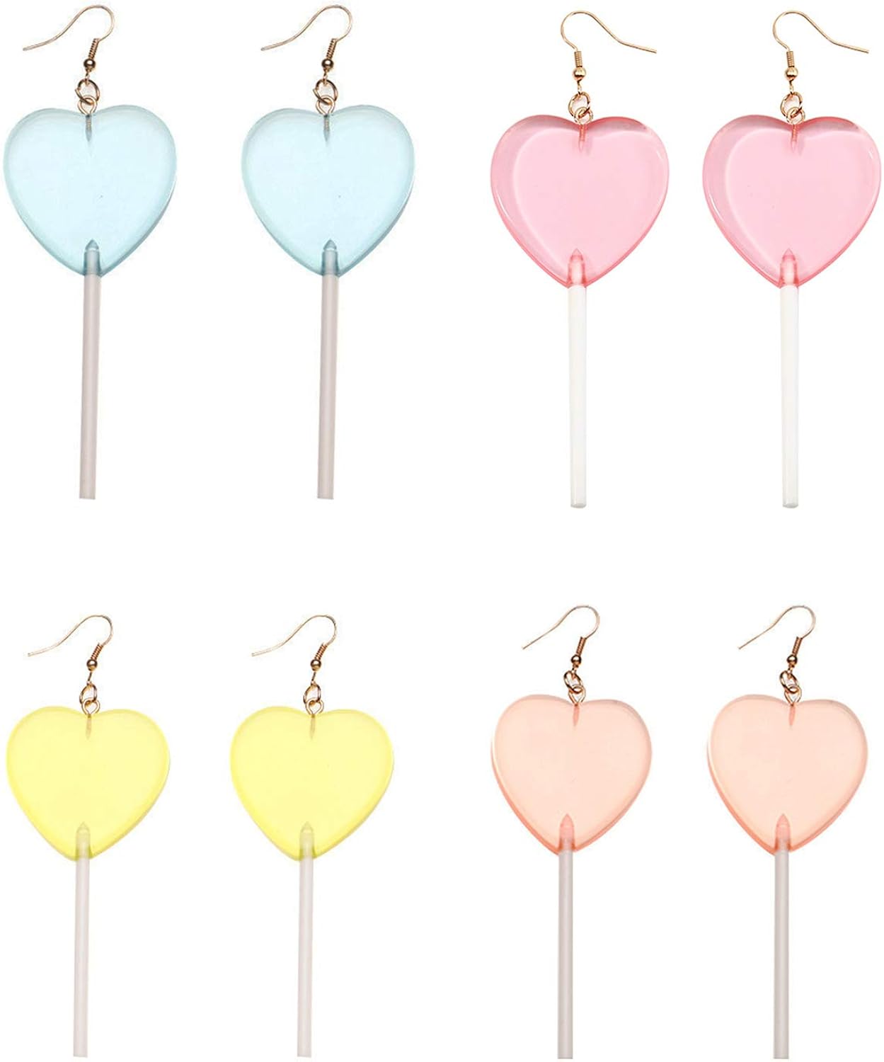 4/7 Pairs Cute Resin Heart-shaped Drop Earring Sweet Handmade Candy Color Love Lollipop Pendent Dangle Earrings Set Cartoon Simulation Food Jewelry for Women Girls Valentines-day Gifts