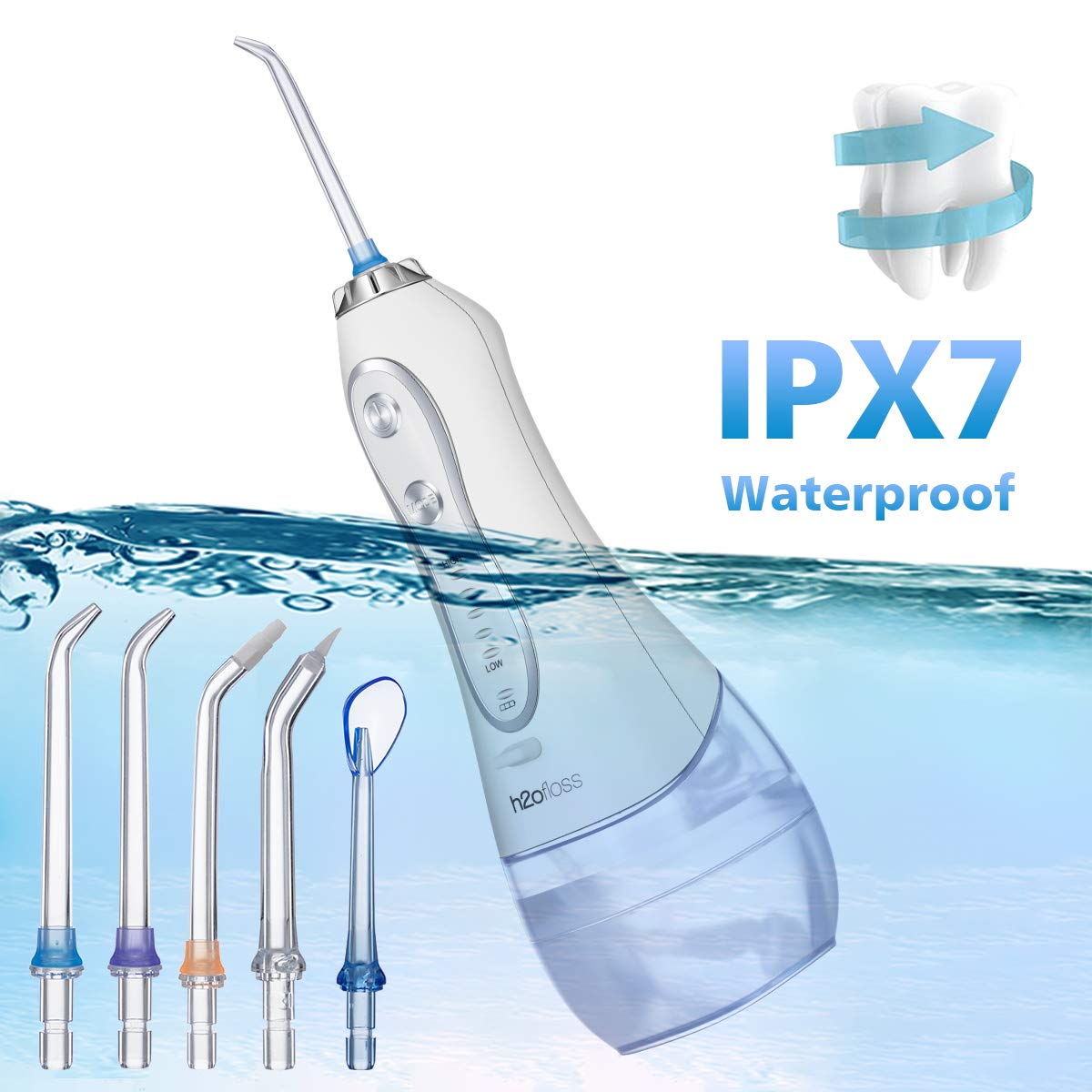H2ofloss Water Flosser Portable Dental Oral Irrigator with 5 Modes, 6 Replaceable Jet Tips, Rechargeable Waterproof Teeth Cleaner for Home and Travel -300ml Detachable Reservoir (HF-6): Beauty