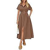 ZESICA Women's Summer Short Sleeve Midi Dress 2026 Button Down A Line Belt Work Business Casual Long Dresses with Pockets