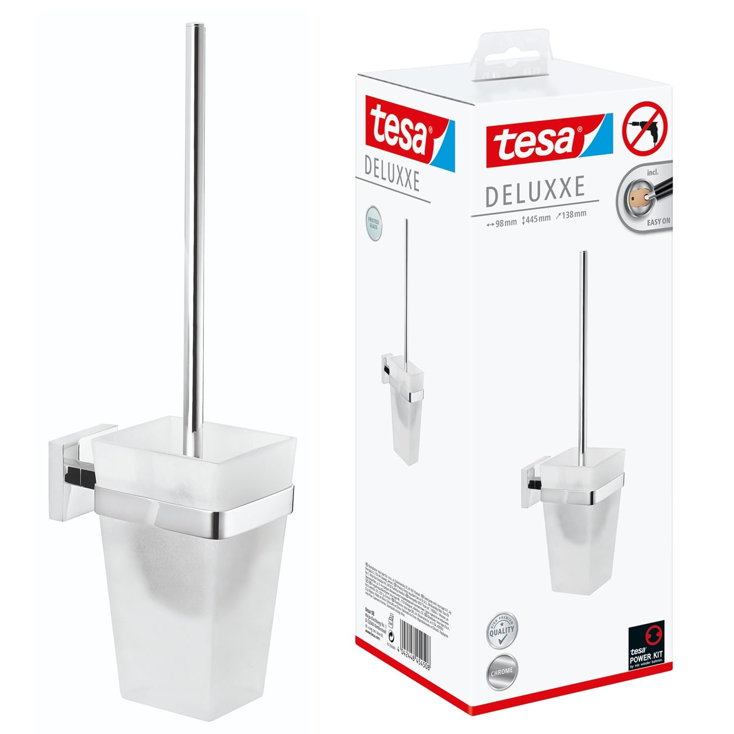 tesa DELUXXE Toilet Brush Holder - Wall-Mounted, Stainless-Steel Toilet Brush with Bowl in Frosted-Glass Design - Waterproof, incl. Power.Kit Adhesive Solution - 445mm x 98mm x 138mm