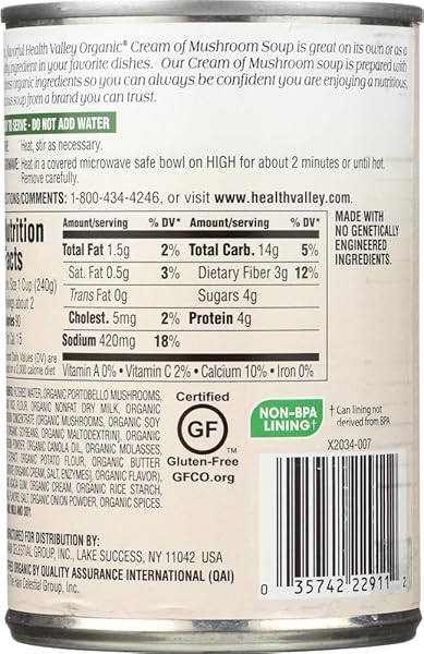 HEALTH VALLEY ORGANIC CREAM OF MUSHROOM SOUP 14.5 OZ