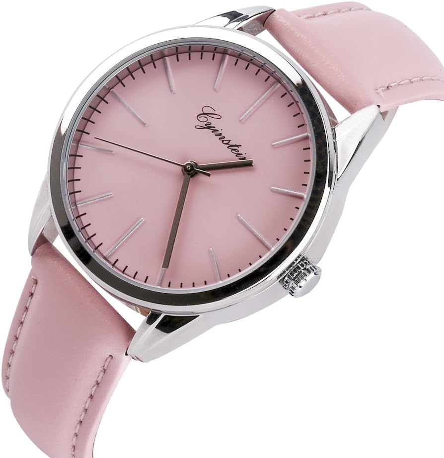 Cyinstein Waterproof Smart Watch with Leather Band Quartz Smartwatch for Women fit for IOS Android Phones (Pink)