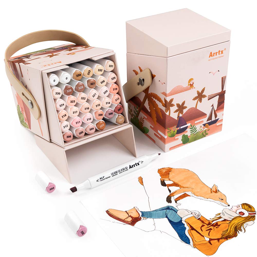 Arrtx ALP 36 Colors Skin Tone Alcohol Marker Set, Dual Tip Sketch Art Marker Pens, Chisel & Fine, Alcohol-Based Markers for Adults' Coloring Illustration, Figure Painting, Portrait Design