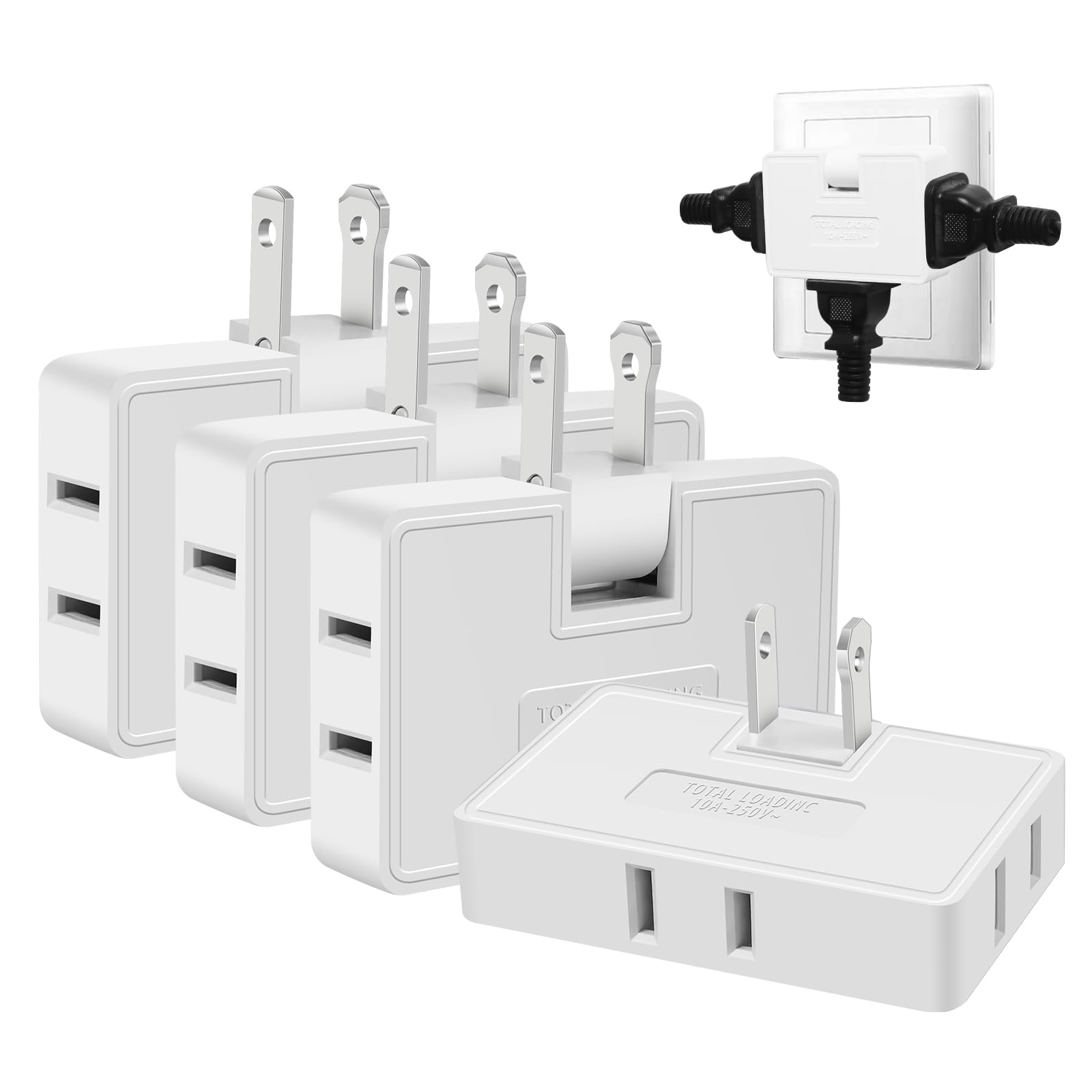 Photo 1 of 3 Way Flat Wall Outlet Extender Adapter- 4 Pack 180 Degrees Rotatable Flat Plug AC Adapter, 2 Prong Foldable Swivel Outlet Extender, Outlet Splitter for Behind Furniture (White, Type A)