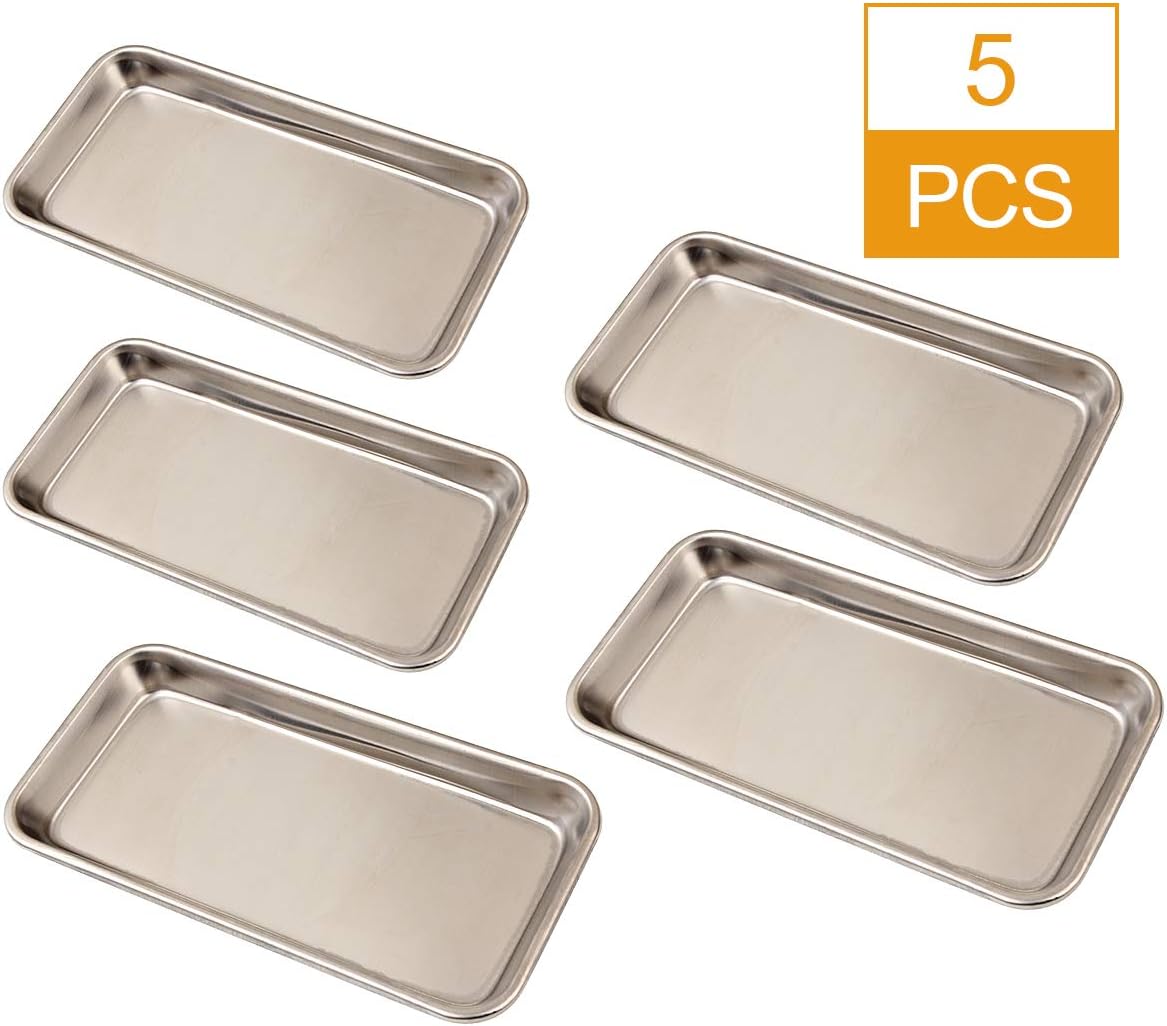 HNBun 5 Pack Stainless Steel Tray, Dental Medical Surgical Tray Sliver Tattoo Trays, Professional Lab Instrument Tools Trays & Piercing Instrument Tray, 225 x 115 x 20 MM