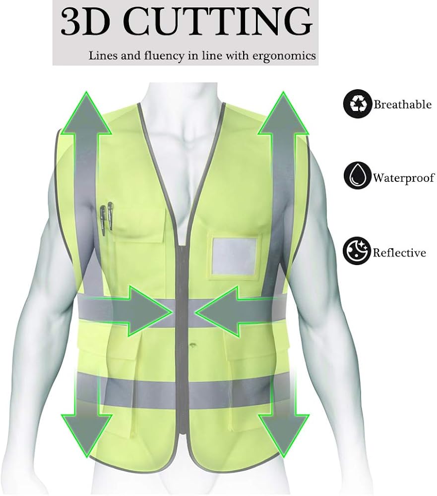 HYCOPROT High Visibility Reflective Safety Vest with Pockets and Zipper Front, Neon Yellow, Meets ANSI/ISEA Standards: Clothing