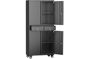 GLADIW Metal Storage Cabinet with Wheels,Garage Storage Cabinet with 2 Drawers and 2 Adjustable Shelves for Homes, Offices, Kitchens, Schools and Pantries, Assembly Required