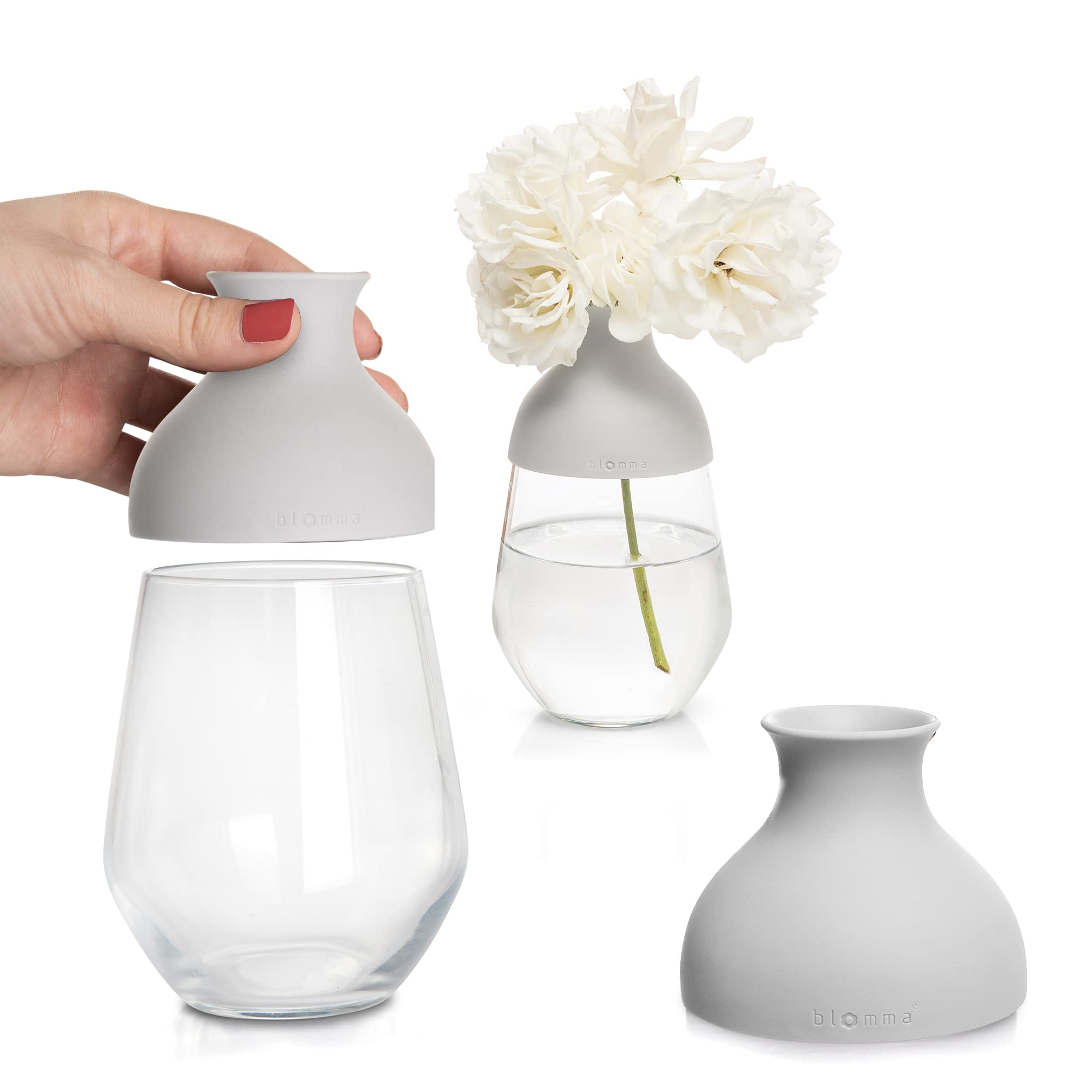 Blomma Detachable Elegant Glass Flower Vase. Turn Any Glass into Bud Vase for Modern Home Décor. Table Flower Centrepiece. 2 Units & Sizes (Light Grey)