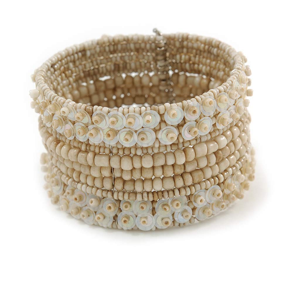 Avalaya Bohemian Beaded Cuff Bangle with Sequin (Antique White) - Adjustable