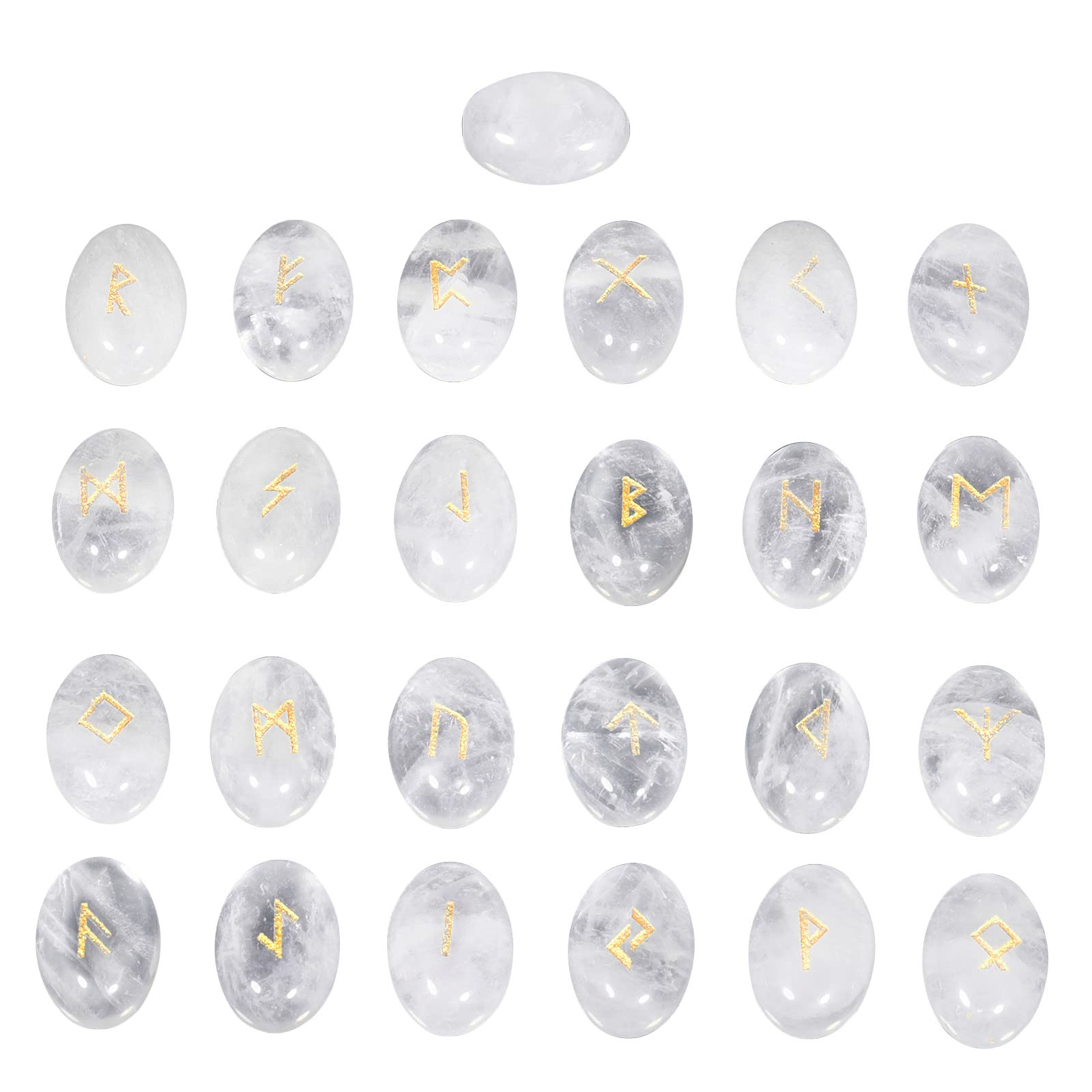 mookaitedecor Clear Quartz Crystal Rune Stones Set of 25, Engraved Elder Futhark Alphabet Symbol Cabochon Carved Runes Stones for Divination Wicca Supplies