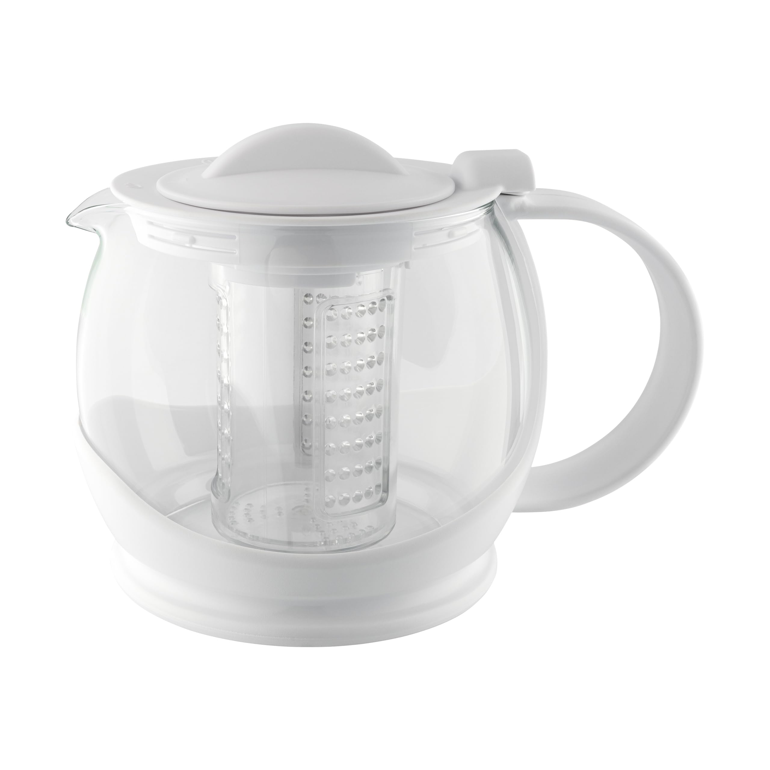Café Olé Shut Off Teapot, White, 1200ml / 42oz / 4-6 Cups, Clear Glass Body, Plastic Casing, Infuser Basket Teapot, Loose Leaf Tea Strainer, Dishwasher Safe