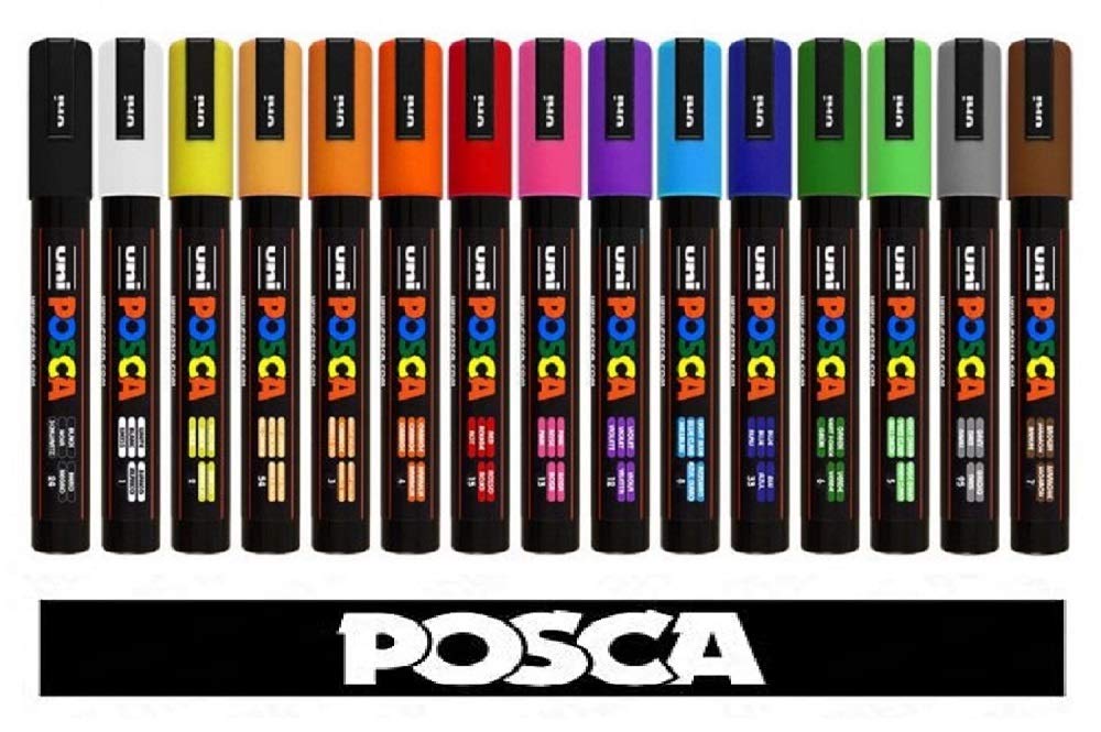 POSCA Uni-Ball Uni PC-5M Tempera Marker 15 Assorted Colours Professional Set.