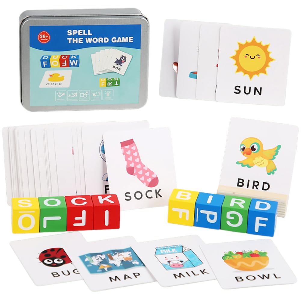 Color Blocks Spelling Word Games, Wooden Alphabet Puzzles Blocks Matching Letter Game Alphabet Flash Cards Puzzle Match Spelling Game Kids Toys Early Educational Learning Toys for Kids Gift