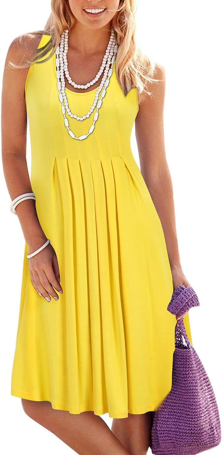 KILIG Women Sundress Summer Casual Dresses Loose Print Pleated Sleeveless Midi Vest Dresses for Beach Wedding Party