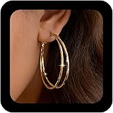 Vacaonio Gold Plated Exaggerated Round Hoop Earrings Double Ear Hoops Earring Polished Gold Hoop Earrings Large Circle Dangle Drop Earring Jewelry for Women