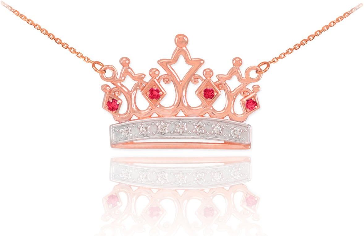 Dainty 14k Rose Gold Ruby and Diamond Tiara Crown Pendant Necklace