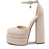 MERUMOTE Womens Sexy High Heels Platforms Pumps Square Toe Chunky Block Heels Rhinestone Party Shoes Nude Nubuck US8.5