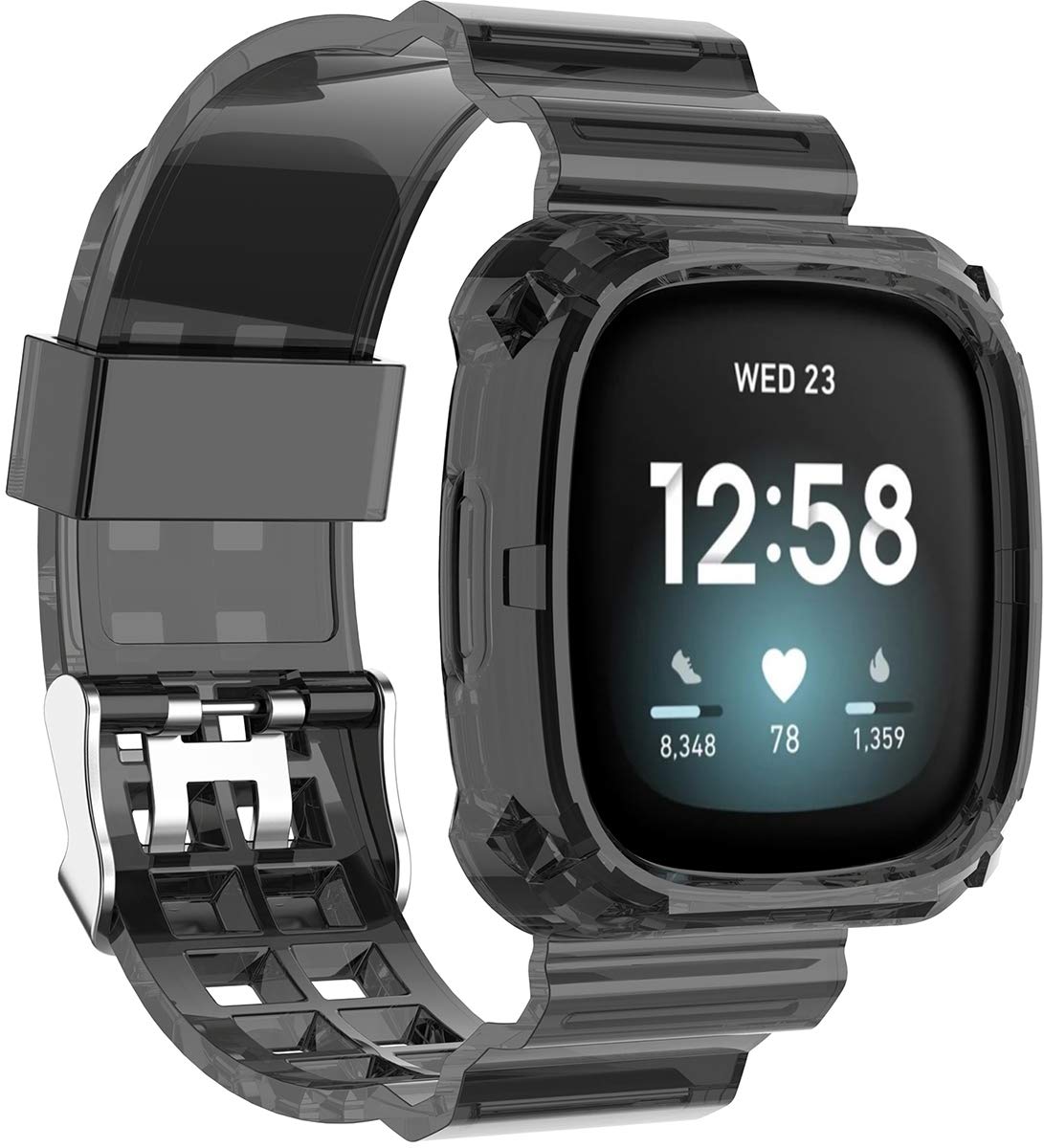 Shieranlee Strap Compatible with Fitbit Versa 3 & Sense, Standard Clear TPU Sport Band with Protective Case, Stainless Steel Buckle