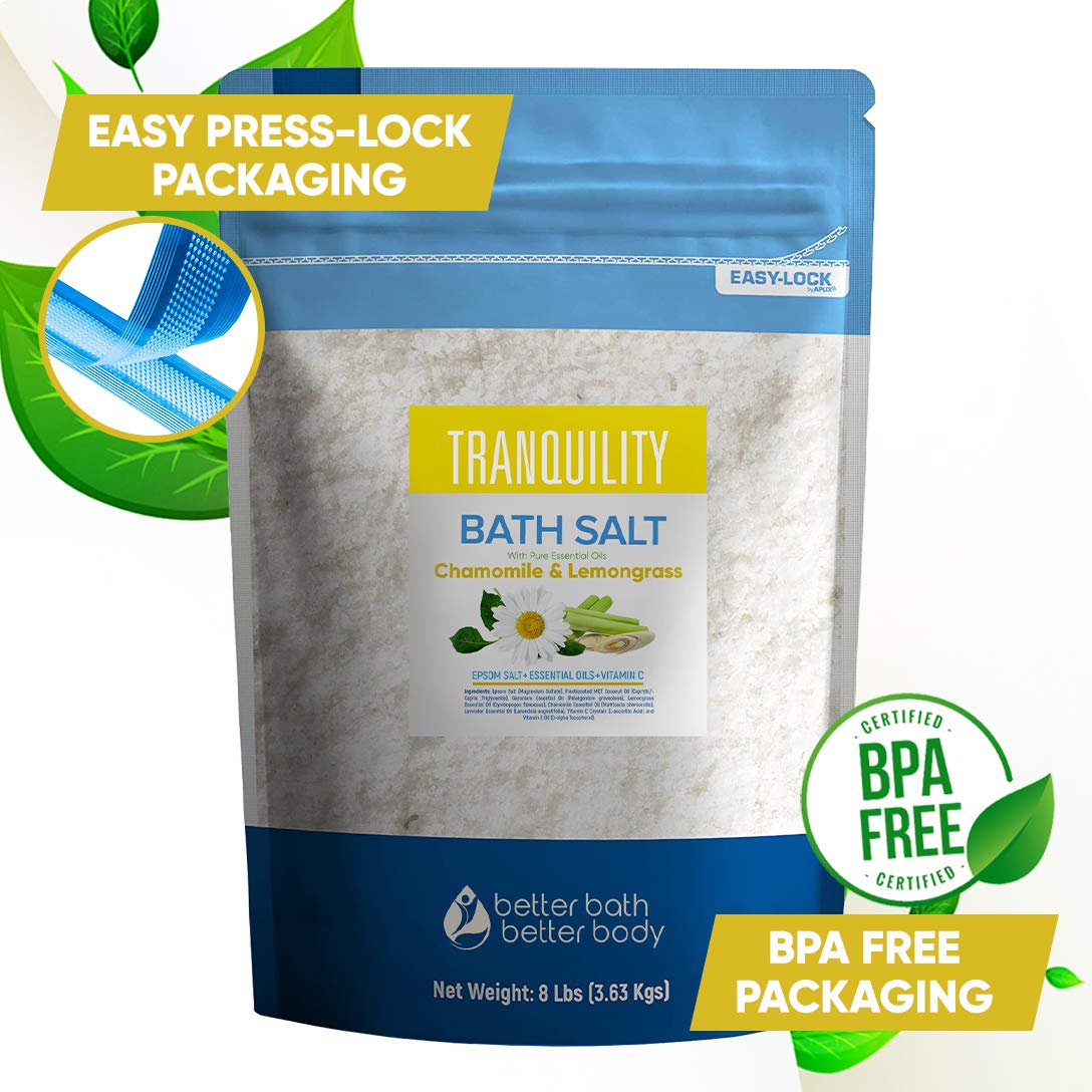 Tranquility Bath Salt 128 Ounces Epsom Salt with Natural Geranium, Chamomile, Lavender and Lemongrass Essential Oils Plus Vitamin C in BPA Free Pouch with Easy Press-Lock Seal: Health & Personal Care