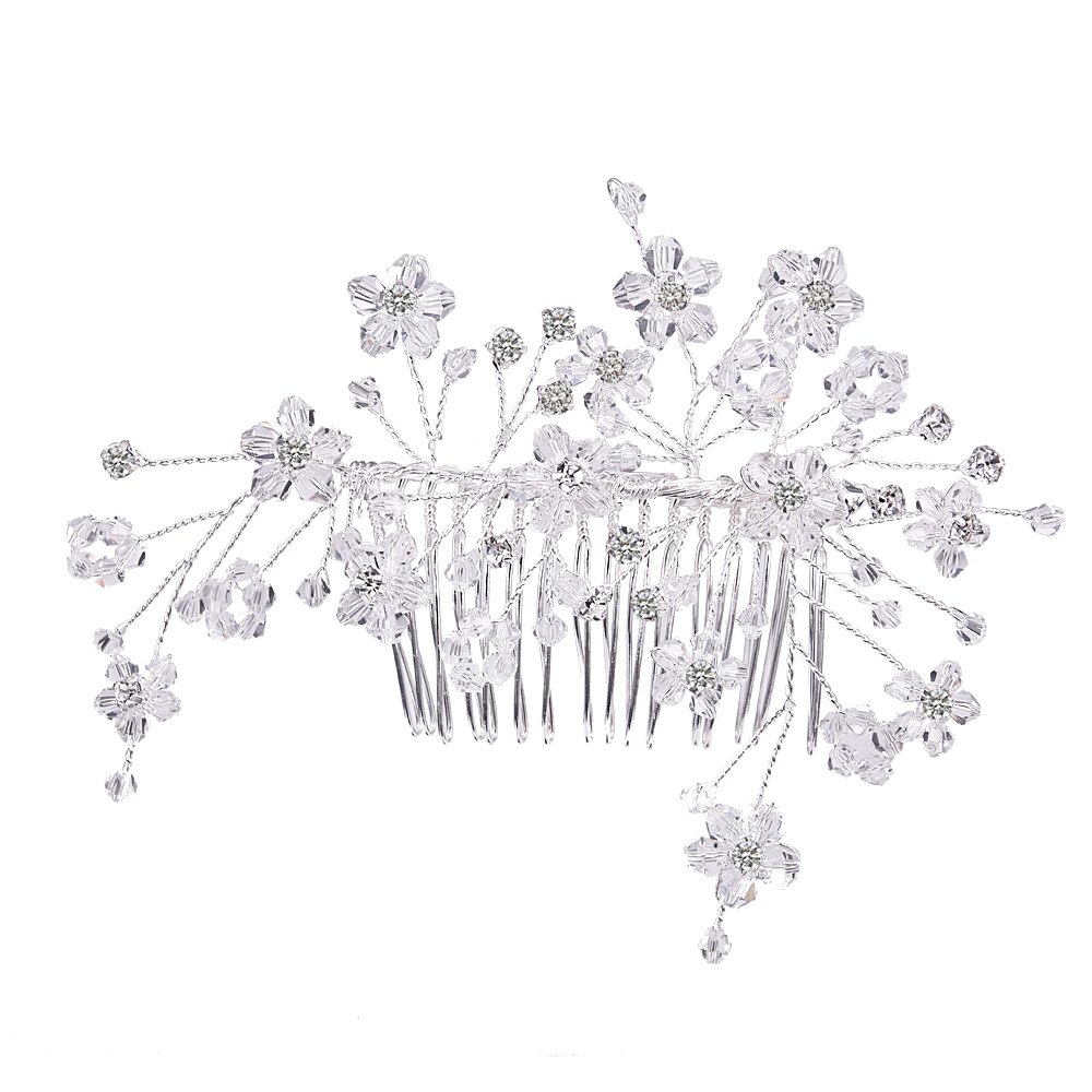 BiBeary Women Elegant Wedding Crystal Simulated Pearls Flower Manual Handmade Hair Comb Hair Jewellery Silver-Tone