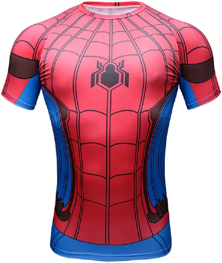Born2Ride™ Superhero Fancy Dress/Costume/Gym/Cycling Short sleeved T-Shirt Tops (Medium, Spiderman Red/Blue Short Sleeve )