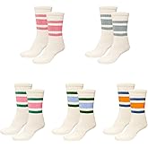 VIEKIER Striped Crew Socks, 5 Pairs Retro Neutral Casual Cotton Light Cream Seamless Toe Socks for Women Girl