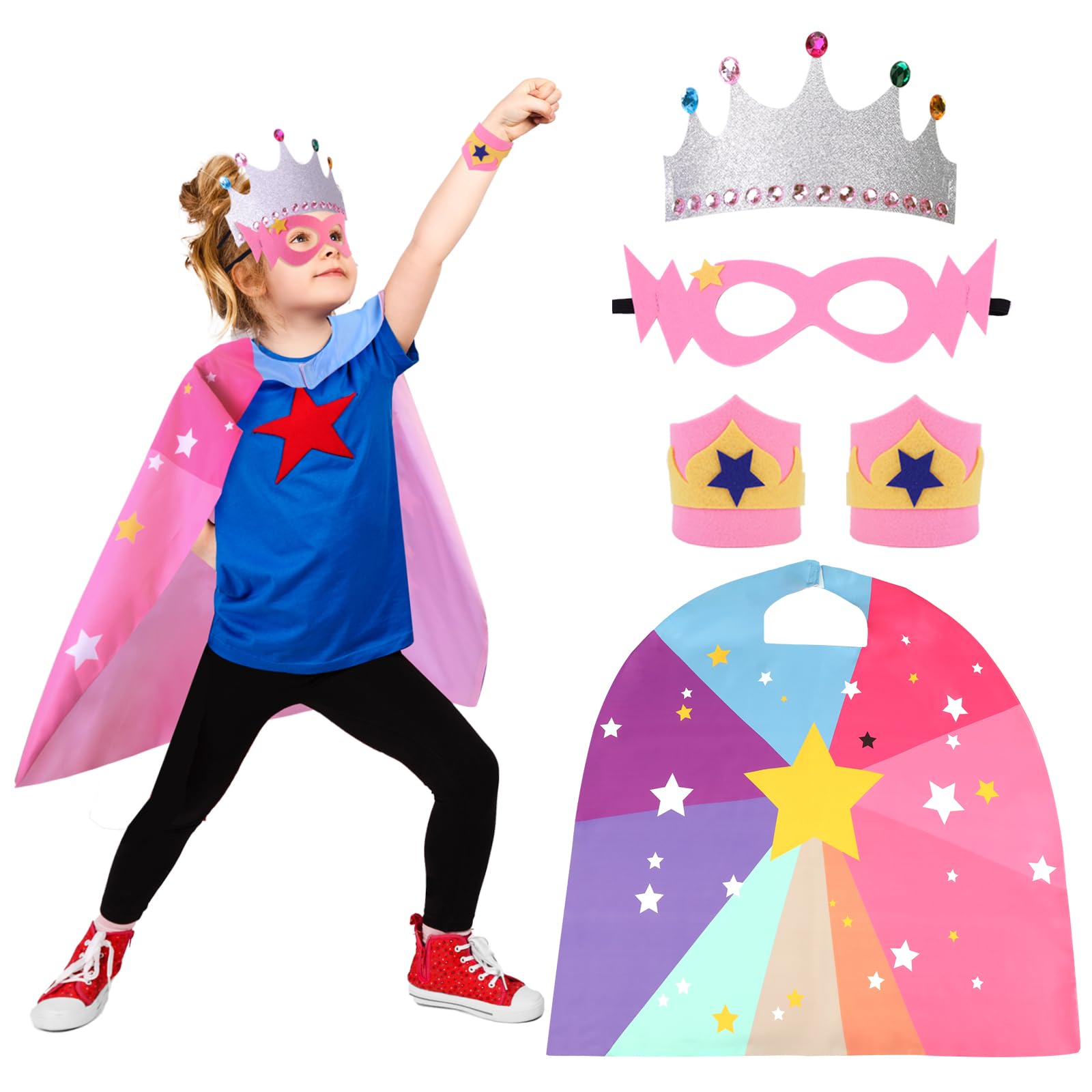 XEPST Superhero Cape for Kids, Superhero Costume Set with Superhero Eye Mask and Cape Crown Wristbands Perfect for Halloween Carnival Cosplay Fancy Dress Up Accessories for Kids 4-10 Years, Girl
