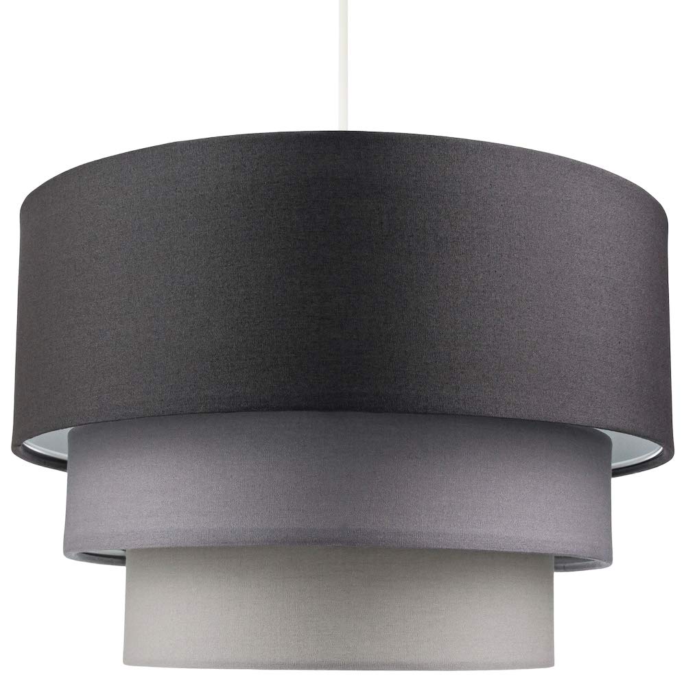 Contemporary Round Triple Tier Soft Grey Cotton Fabric Designer Pendant Lighting Shade | 60w Maximum | Modern Style | 30cm Diameter by Happy Homewares