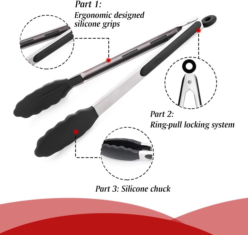 Kitchen Cooking Tongs 3 Packs, Xpatee Silicone Kitchen Tongs (7 / 9/ 12 in), Stainless Steel Tongs with Silicone Tips for Cooking, Serving, BBQ Grill and Salad( Black): Kitchen & Dining