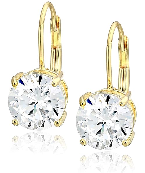 Amazon Essentials Yellow 18K Gold Plated Sterling Silver Round Cut Cubic Zirconia Leverback Earrings (5mm)