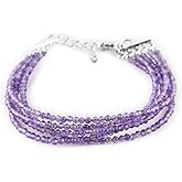 YANARA Gemstone Bracelets For Women Birthstone, Natural Gemstone Layered Micro-Beads, Dainty Handmade Jewelry Chakra Energy Healing Crystals Silver Plated Chain 8 inch Adjustable