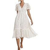 utcoco Lace Dress for Women 2025 V-Neck Lantern Sleeve Hollow Out Button Down Slim High Wasit Midi Dress