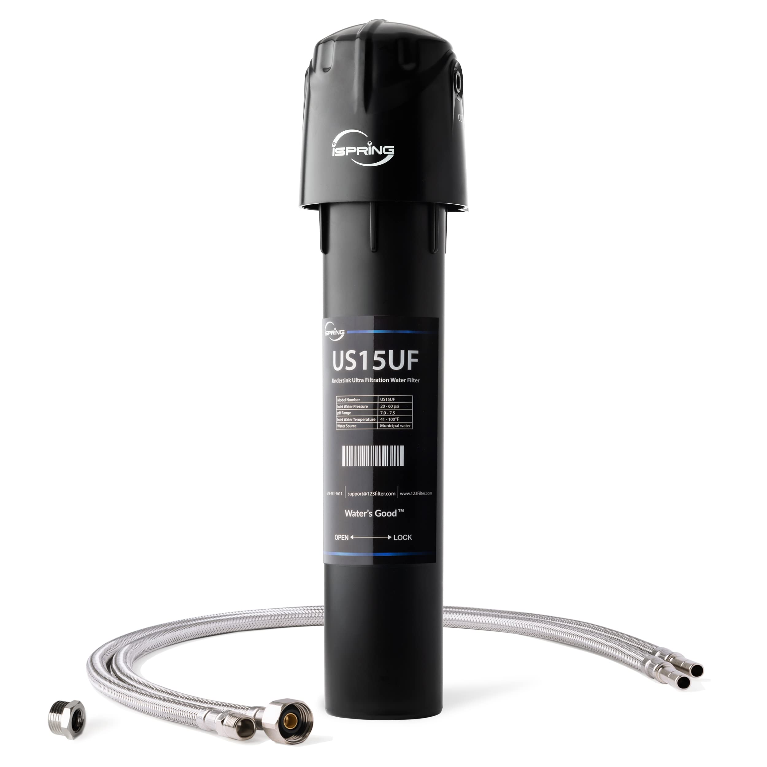 iSpring US15UF 0.01μm Water Filter for Sink, 15K Gal Capacity, Inline Under Sink Water Filter System for Refrigerator, Ice Maker, RV, Ultra Filtration, Reduce Odor, Chlorine, Heavy Metals, Black