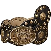 BEAUDRM Women's Grommet Eyelet Wide Disc Belt Boho Cowgirl Vintage Western Metal Buckle Leather Concho Waist Belts
