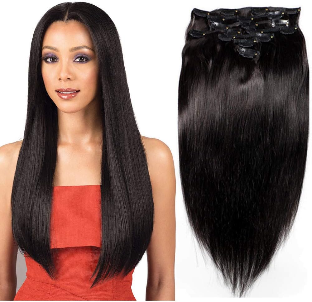 Friskylov 24Inch Clip in Human Hair Extensions Straight Natural Black Real Hair Extesnions Clip in Human Hair 8A Grade Double Weft Soft Silky Hair Extensions for Women 8Pcs 20Clips 120g