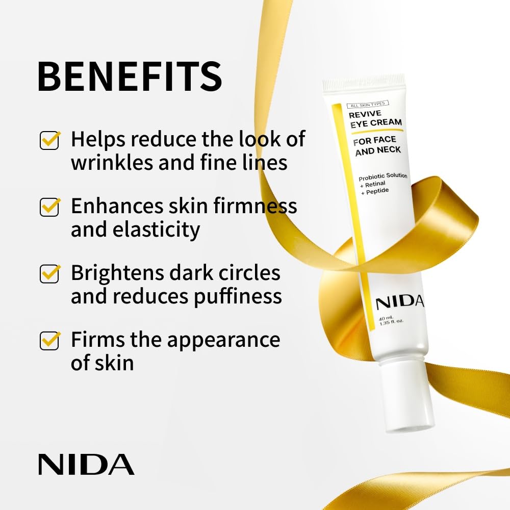 NIDA Revive Eye Cream For Face And Neck | Probiotic Solution, Retinal, Peptide | Wrinkles, Fine Lines, Cell Turnover, Firm Skin Texture, Radiant Skin, Moisture Retention | 1.35 fl. oz., 40ml