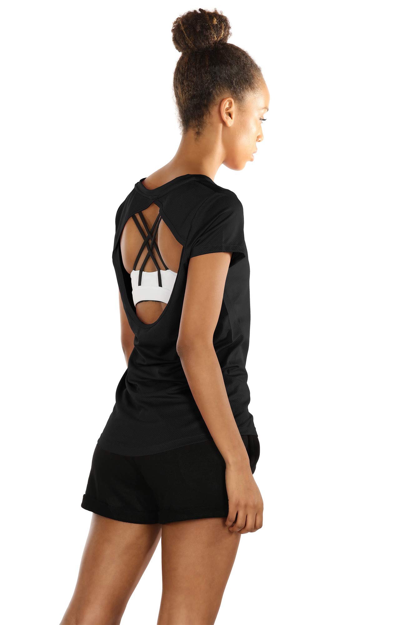 icyZone Activewear Fitness Yoga Tops Workout V Neck Open Back T-Shirts for Women (S, Black)