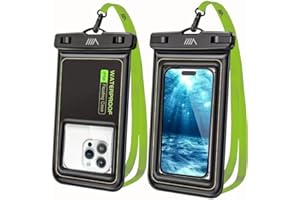 MOBILY ACCESSORIES 【2025 Upgraded】2 Pack Black - IP68 Waterproof Phone Pouch Floating Design No Sink Waterproof Phone Case - Beach Pool Travel Essentials - Works w/ All Phones - Detachable Lanyard - Black/Hi-Vis Green