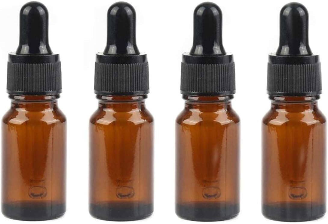 4PCS 15ml (1/2 oz) Empty Refillable Amber Glass Droppers Essential Oil Bottles Aromatherapy Cosmetics Elite Fluid Container Jar Pot Holder with Glass Eye Dropper and Black Caps