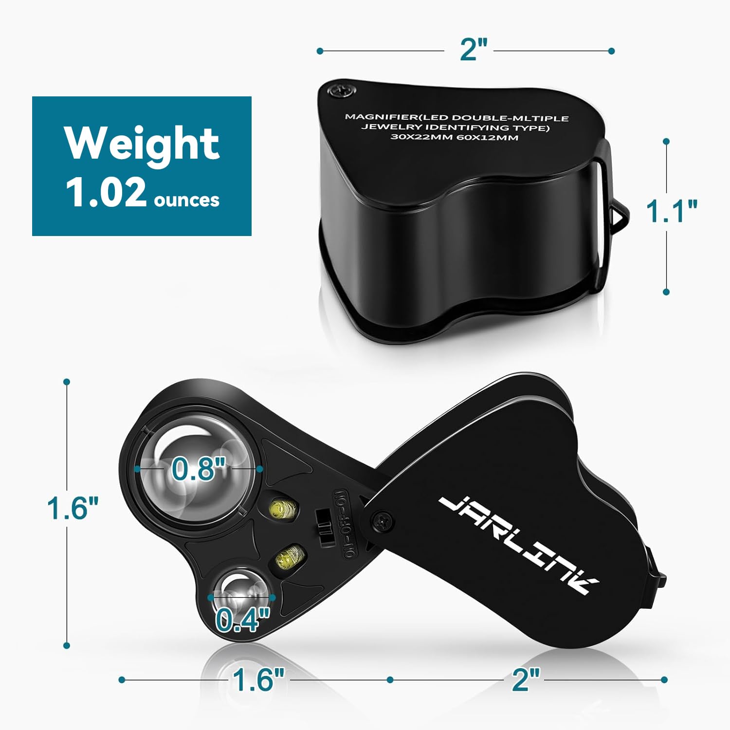 JARLINK 30X 60X Illuminated Jewelers Loupe Magnifier, Foldable Jewelry Magnifier with Bright LED Light for Gems, Jewelry, Coins, Stamps, etc
