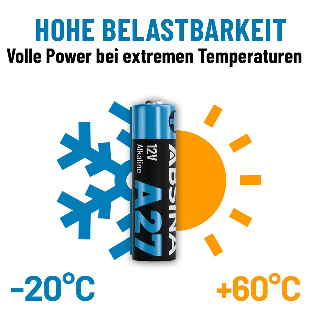 ABSINA 16x 27A 12V Batterie für Garagentoröffner und vieles mehr - Batterien A27 12 Volt Alkaline mini auslaufsicher & mit Langer Haltbarkeit 6