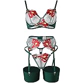Lilosy Sexy Leaf Floral Embroidered Mesh Sheer Women Underwire Push Up Lingerie Set
