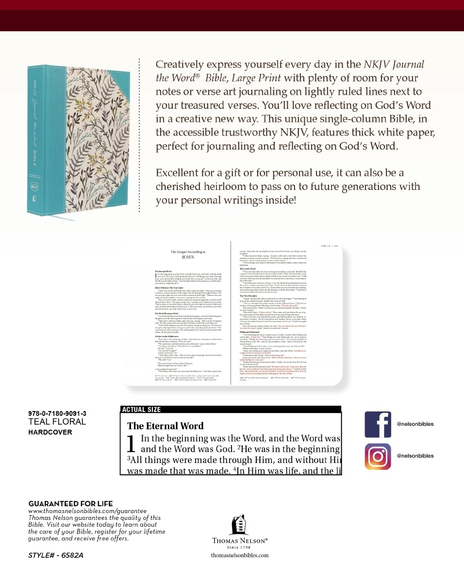 NKJV, Journal the Word Bible, Large Print, Cloth over Board, Blue Floral, Red Letter: Reflect, Journal, or Create Art Next to Your Favorite Verses