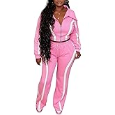 AWASIR Women Striped 2 Piece Outfits Long Sleeve Zip Up Jacket Top and Wide Leg Pants Set Tracksuits with Pocket