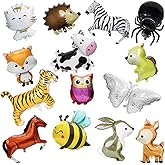 Wild Safari Zoo Jungle Animal Decoration For Birthday, 15 Pack Forest Wildlife Woodland Animals Balloons - Honey Bee Bunny Owl Tiger Zebra Horse Butterfly Fox Deer Spider Bat Cow Cat Hedgehog Squirrel
