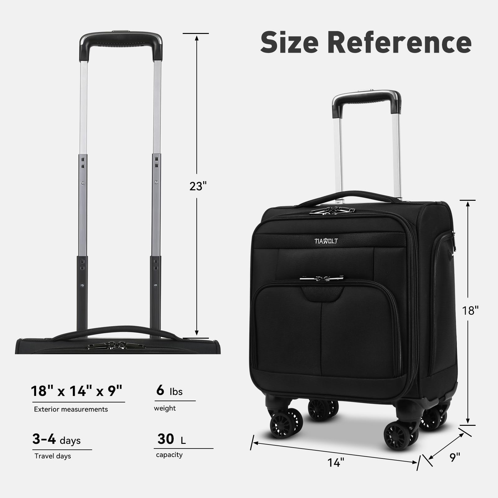 TIAWOLT 16 Inch Underseat Carry on Luggage With Wheels Soft side Lightweight Business Travel Small Suitcases Bag with TSA lock for Airlines,Men Women, Pilots Crew,Black