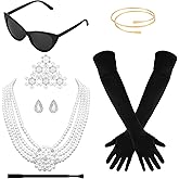AIHSUMC Audrey Hepburn Inspired Costume Jewelry 7-Piece Set | Pearl Necklace, Tiara, Black Gloves, Crystal Earring, Sunglasses, Fake Holder & Gold Armlet | Breakfast at Tiffany’s Vintage Accessories