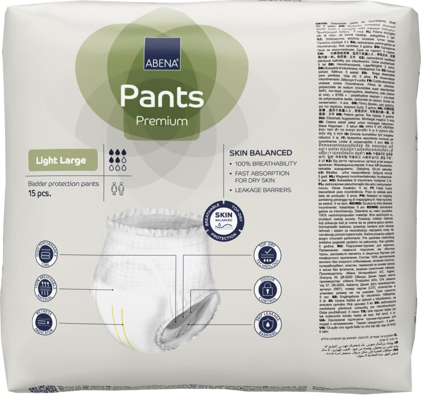 Abena Incontinence Pants Light, Eco-Labelled Incontinence Pants for Men & Women, Comfortable, Protective & Discreet, Fast Absorption, Sustainable Incontinence Pads - L0, 900ml, 40-56" Waist, 15PK