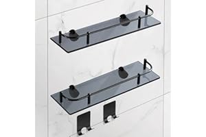 VASUHOME 2 Tier Bathroom Glass Shelves, Tempered Glass Bathroom Wall Organizer with Black Guardrail, and 2 Metal Hooks - Wall Mounted Rectangular Shelves for Storage and Display