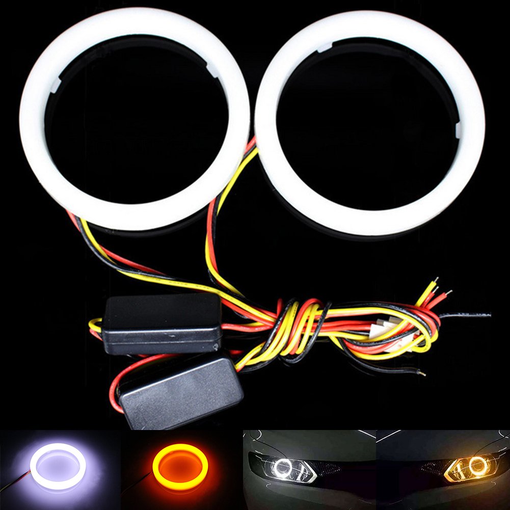 TABEN 1-Set White/Amber Switchback 60MM 36SMD 3020 Chips LED Angel Eyes Halo Ring Turn Signal Headlight & Fog Housing Lamp with Milk-Shell